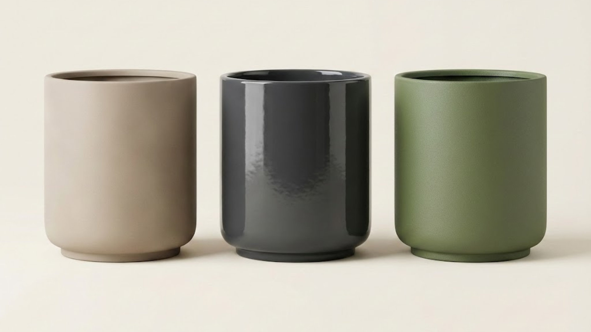 Ceramic finish programs: matte, glossy glaze, and powder-coated planters