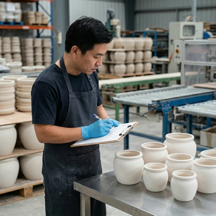Quality inspector reviewing ceramic planters