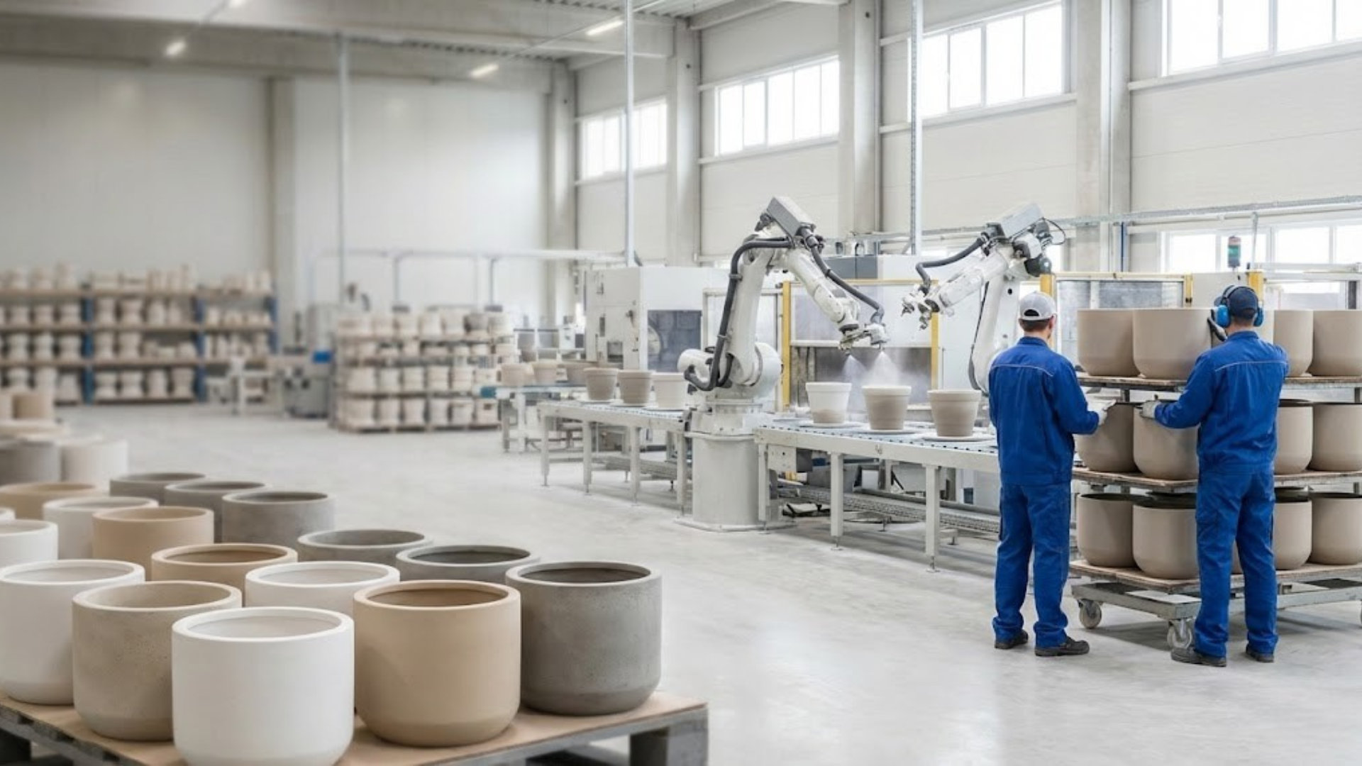 Illustrative planter production scene with pots and machinery
