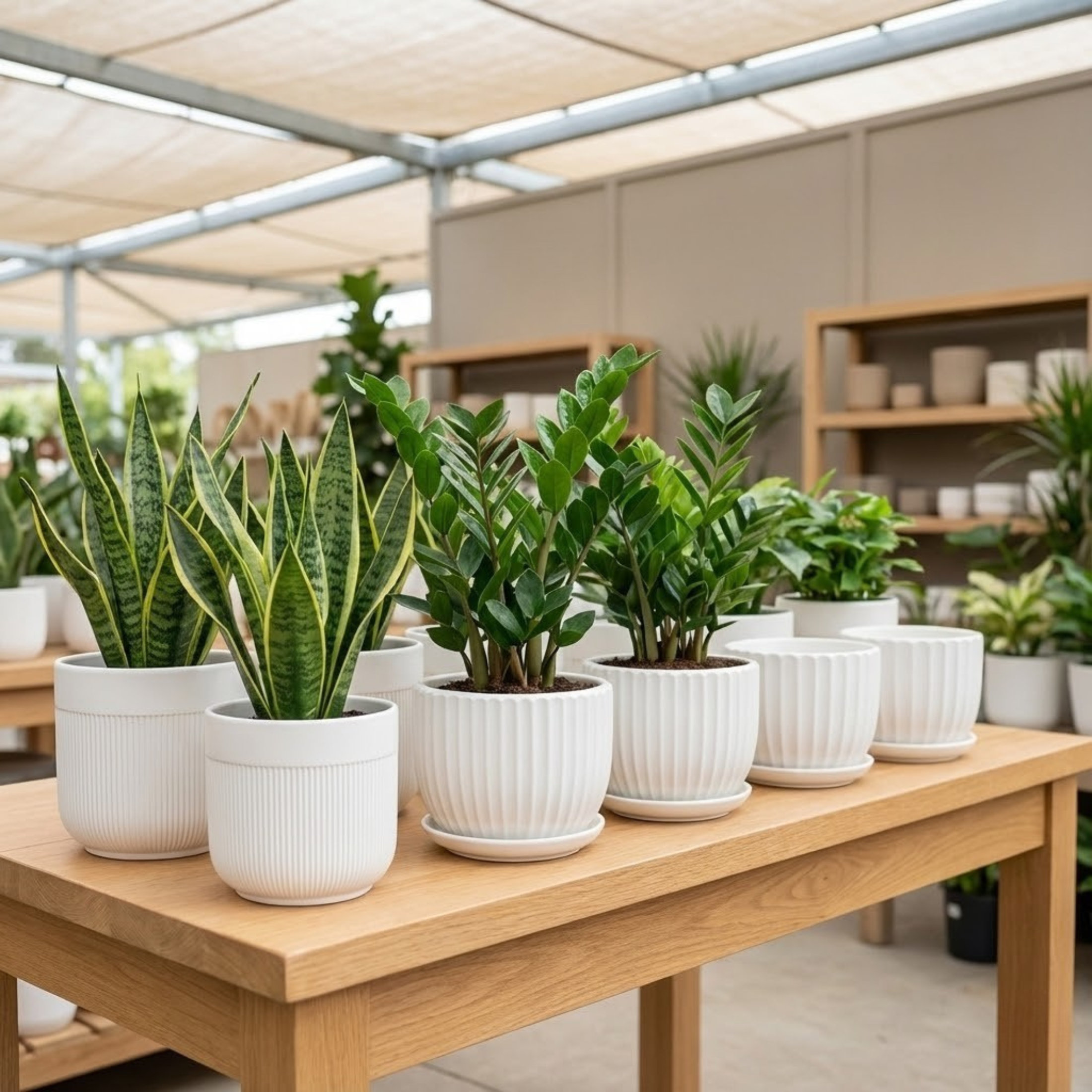 Set of cylindrical pots on wooden shelf