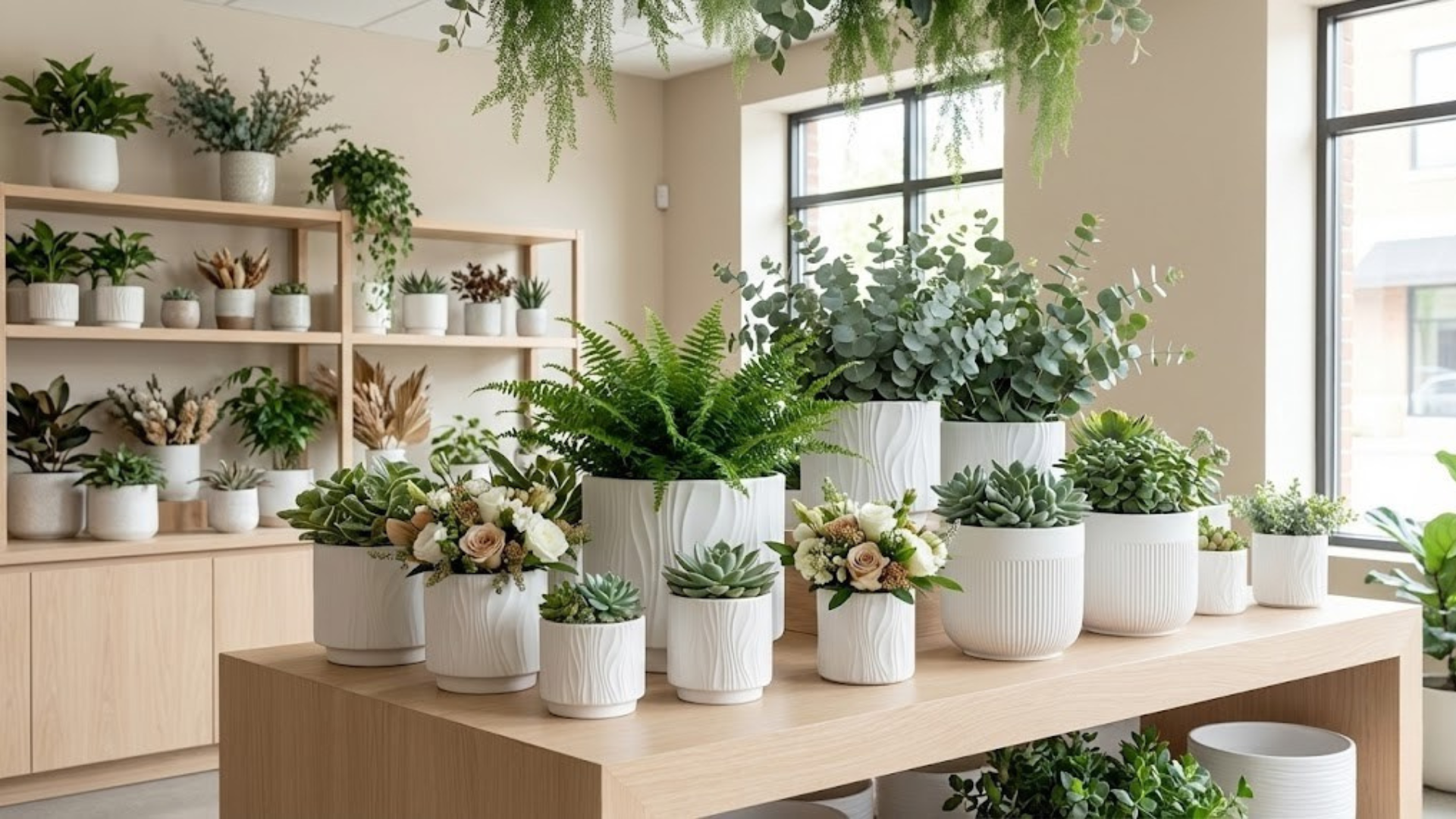 Decorative planters and plants arranged in a collection display