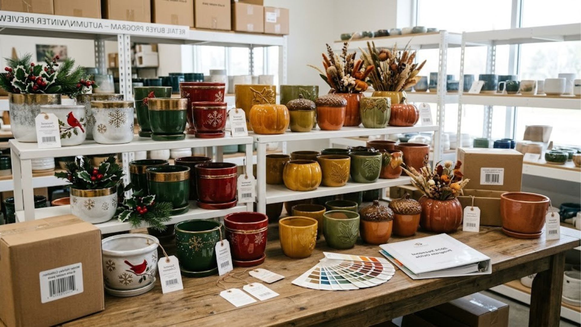 Seasonal planter samples in Christmas and autumn colors on display